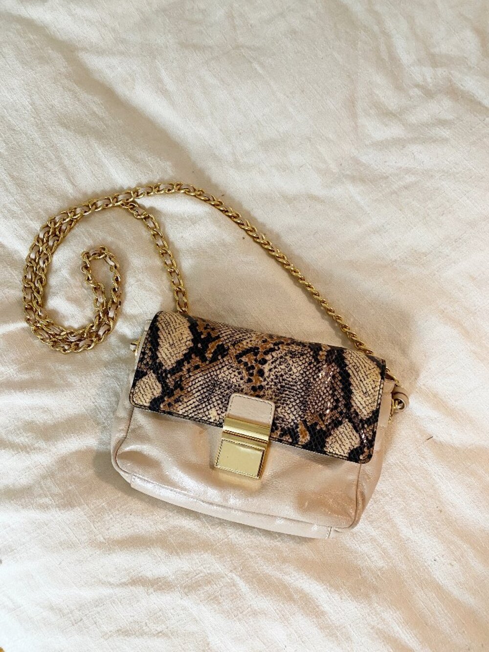Badgley Mischka Snake Print Gold Chain Shoulder Bag Beige